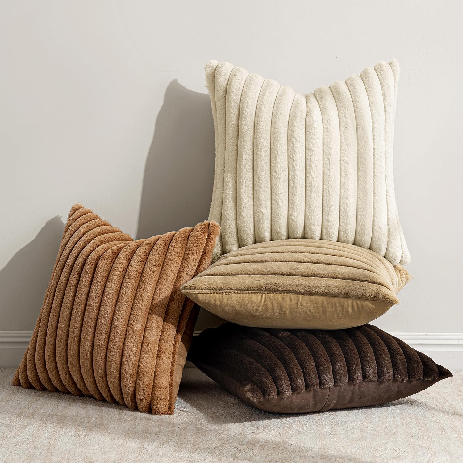 Miulee Faux Fur Plush Decorative Throw Pillow Covers 18x18 Set of 4, Boho Farmhouse Soft Fuzzy Striped Cushion Covers for Sofa Couch Bed Li…