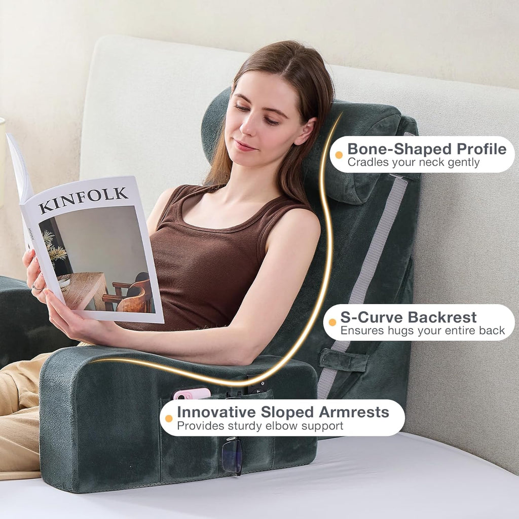 Sasttie Reading Pillow with Armrests, 15–25 Inch Adjustable Back Support Pillow for Bed Sitting Up, Memory Foam Back Rest Cushion Bed Chair…