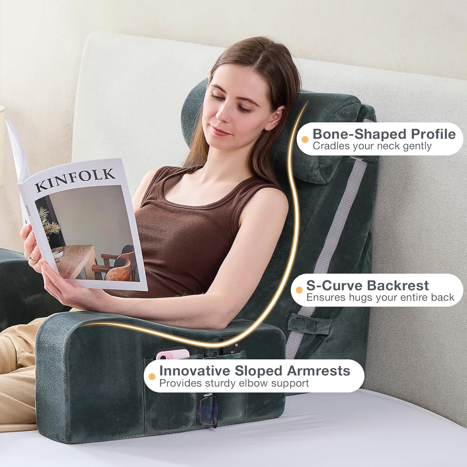 Sasttie Reading Pillow with Armrests, 15–25 Inch Adjustable Back Support Pillow for Bed Sitting Up, Memory Foam Back Rest Cushion Bed Chair…