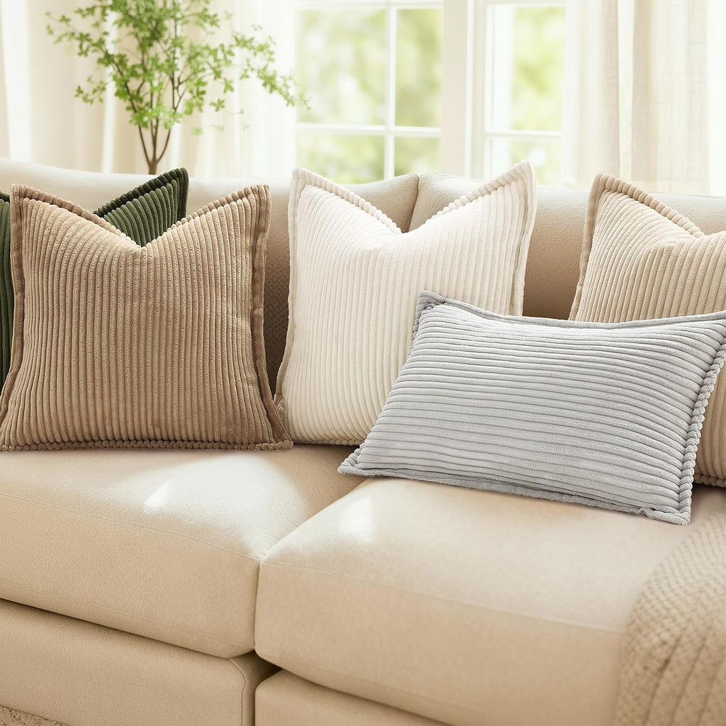 Mecatny Corduroy Summer Throw Pillow Covers 12x20 Set of 2, Neutral Decorative Soft Boho Lumbar Couch Pillow Covers with Broadside for…