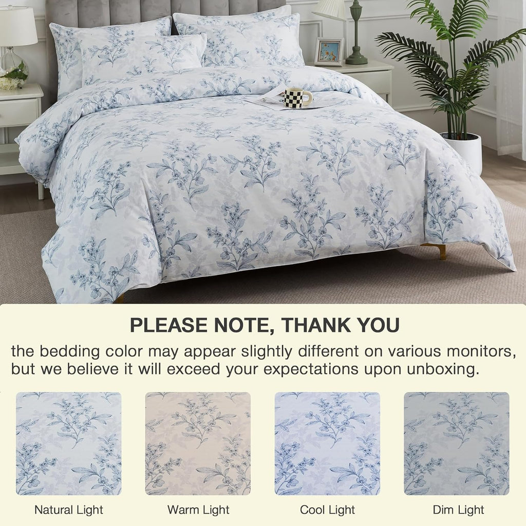 Puralens Grey Floral Duvet Cover King Size 3Pcs, 100% Cotton Flower Patterned Boho Comforter Cover Set with Zipper, Soft Crisp White Percal…