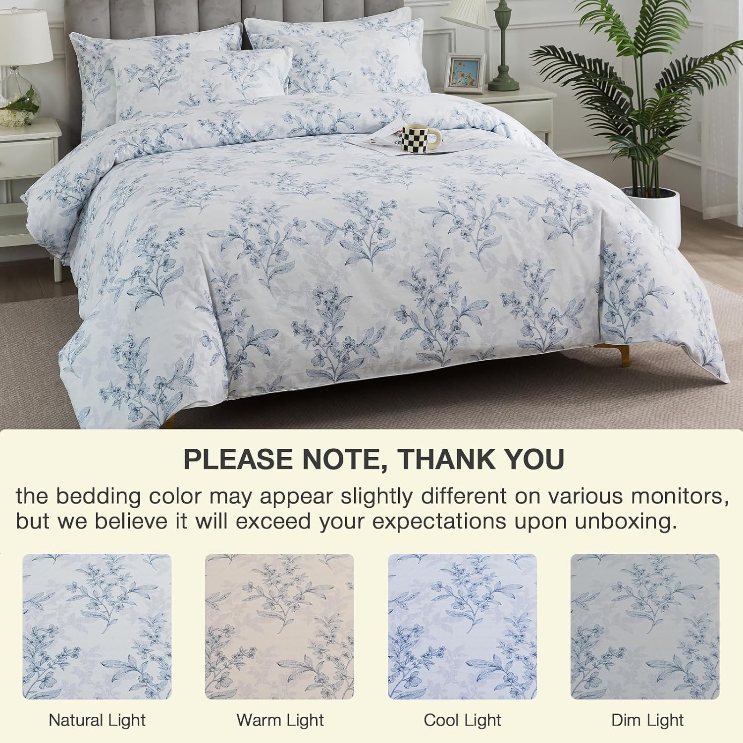 Puralens Grey Floral Duvet Cover King Size 3Pcs, 100% Cotton Flower Patterned Boho Comforter Cover Set with Zipper, Soft Crisp White Percal…