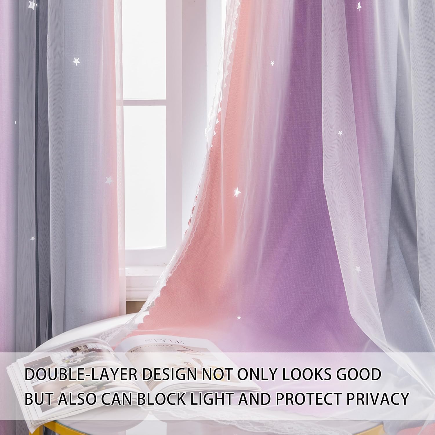 Addsomecolortolife XiDi Dream Star Blackout Curtains for Kids Rooms Girl Princess Curtain for Daughter Bedroom Window (Grey Pink Purple, W3…