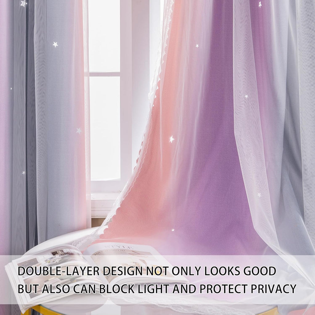 Addsomecolortolife XiDi Dream Star Blackout Curtains for Kids Rooms Girl Princess Curtain for Daughter Bedroom Window (Grey Pink Purple, W3…