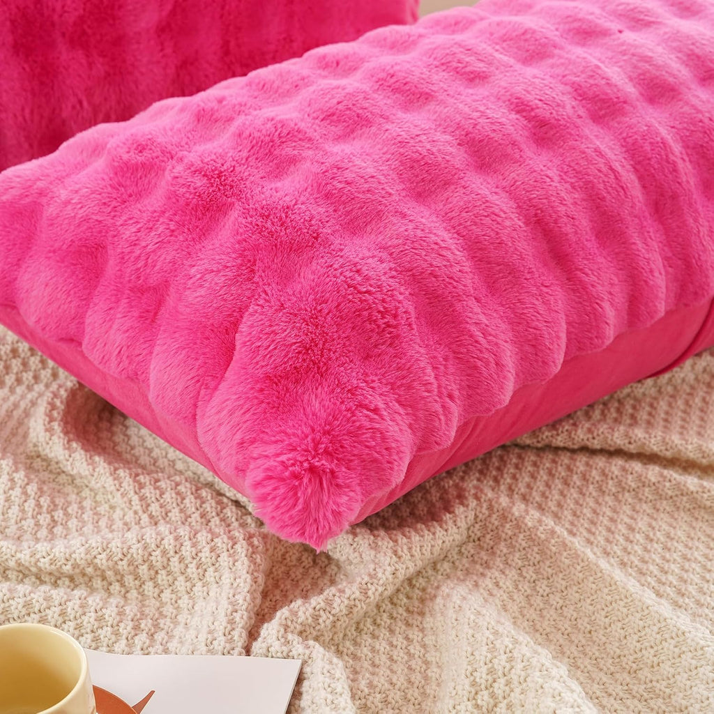 Uhamho Set of 2 Faux Fur Pillowcases, Luxury Bubble Waffle Carved Plush Standard Size Pillow Shams Soft and Furry, Zipper Closure (Hot Pink…