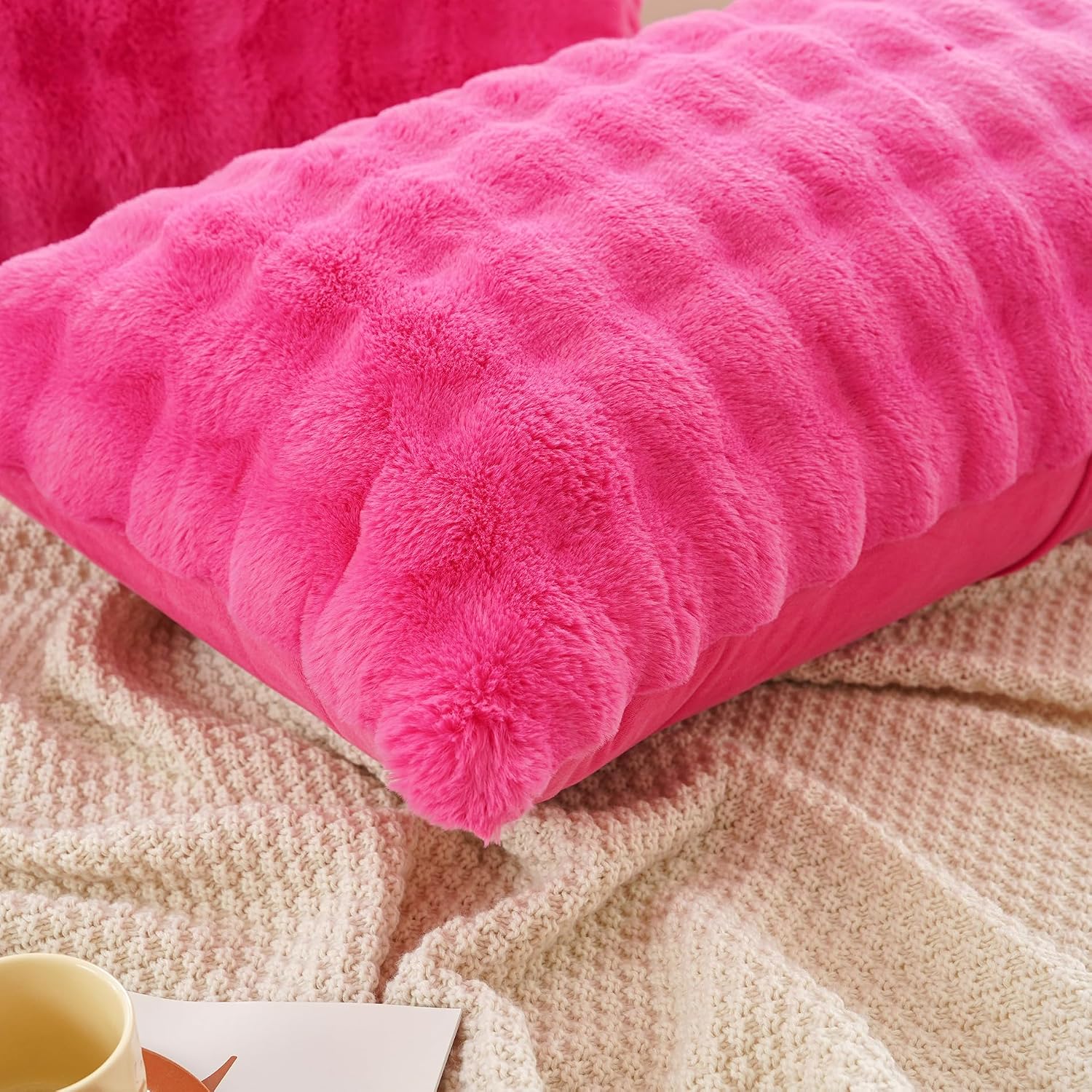 Uhamho Set of 2 Faux Fur Pillowcases, Luxury Bubble Waffle Carved Plush Standard Size Pillow Shams Soft and Furry, Zipper Closure (Hot Pink…