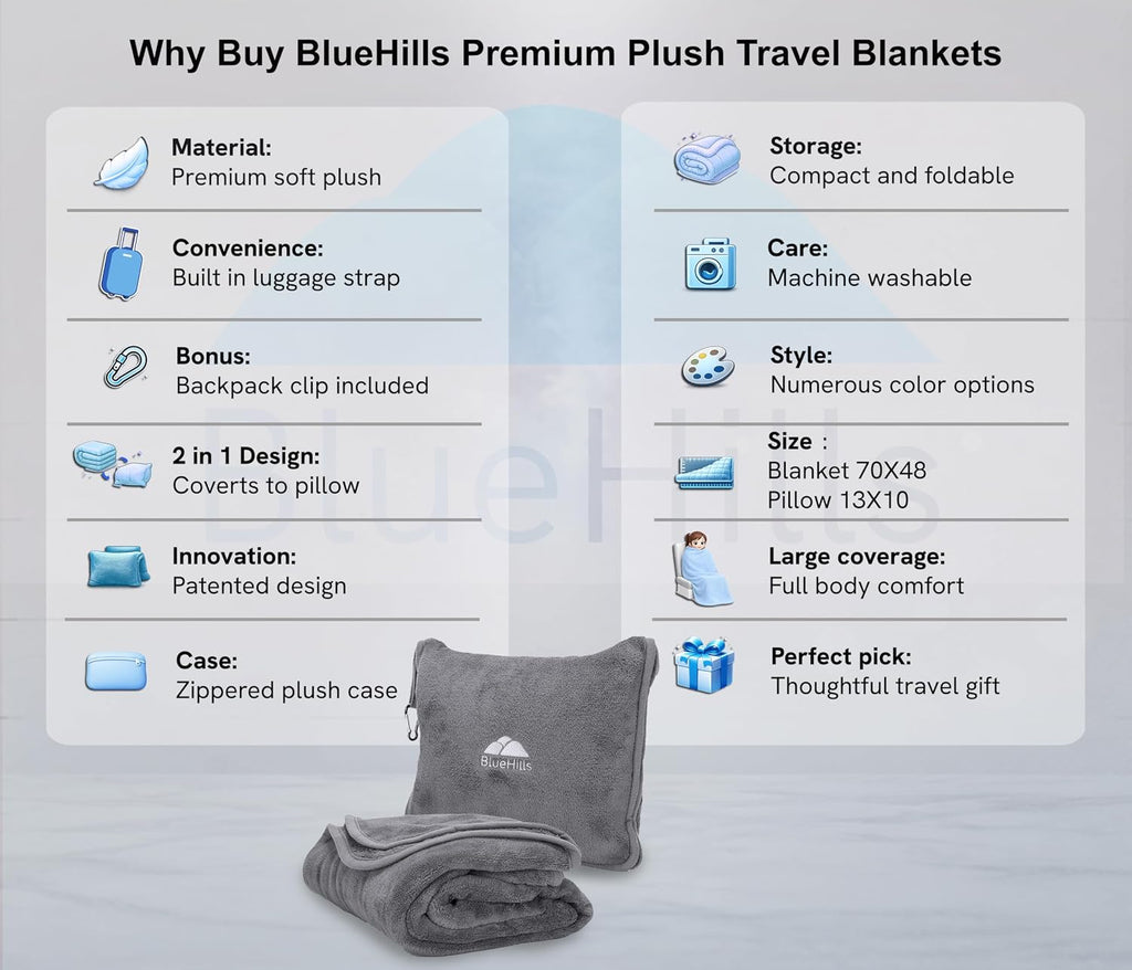 BlueHills Premium Soft Long Travel Blanket Pillow for Tall Airplane Flight Blanket Throw in Soft Bag case with Hand Luggage Belt &…