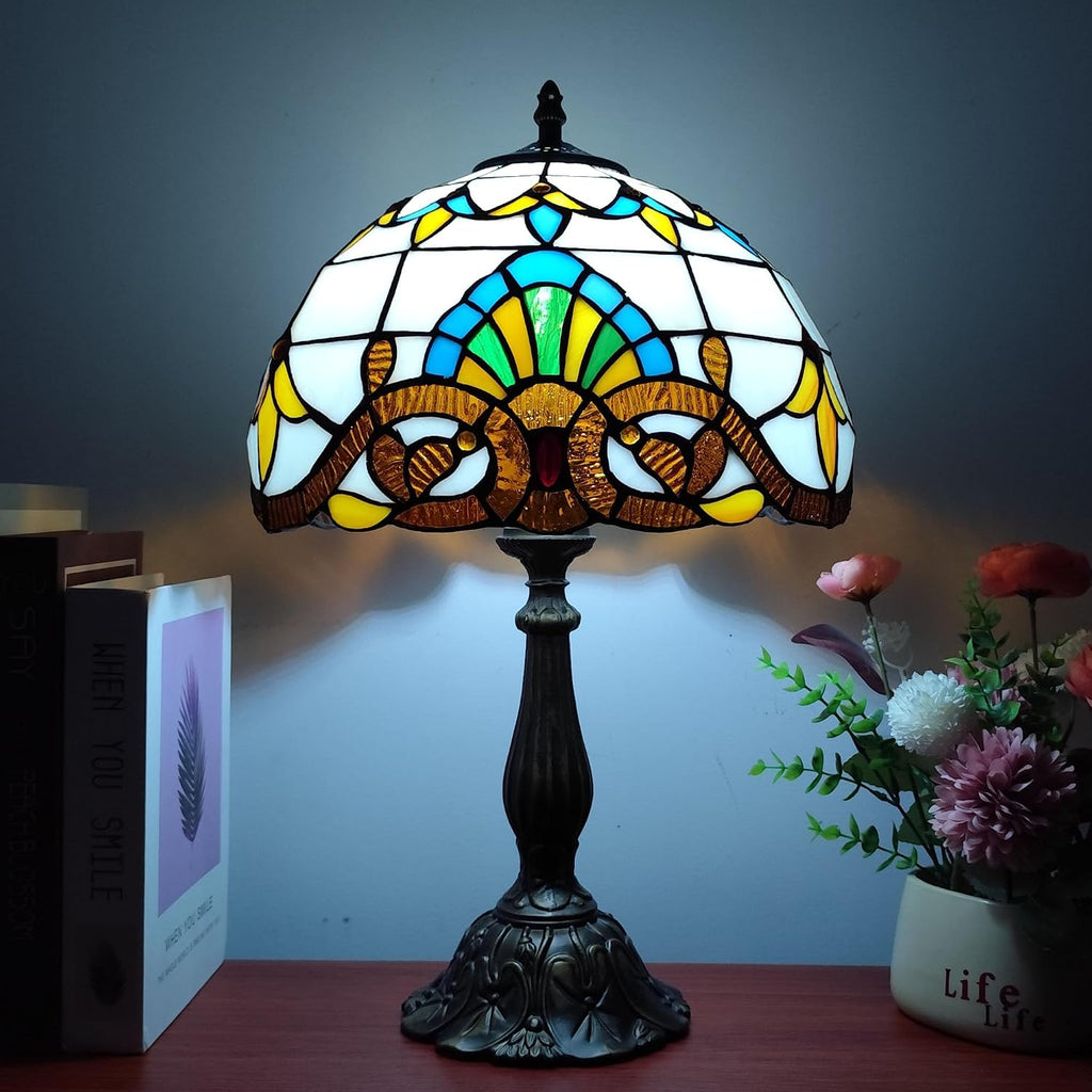 Tiffany Table Lamp 12X12X19 Inch Yellow Baroque Style Stained Glass Lamp Antique Bedside Desk Reading Light for Bedroom Living Room Home…