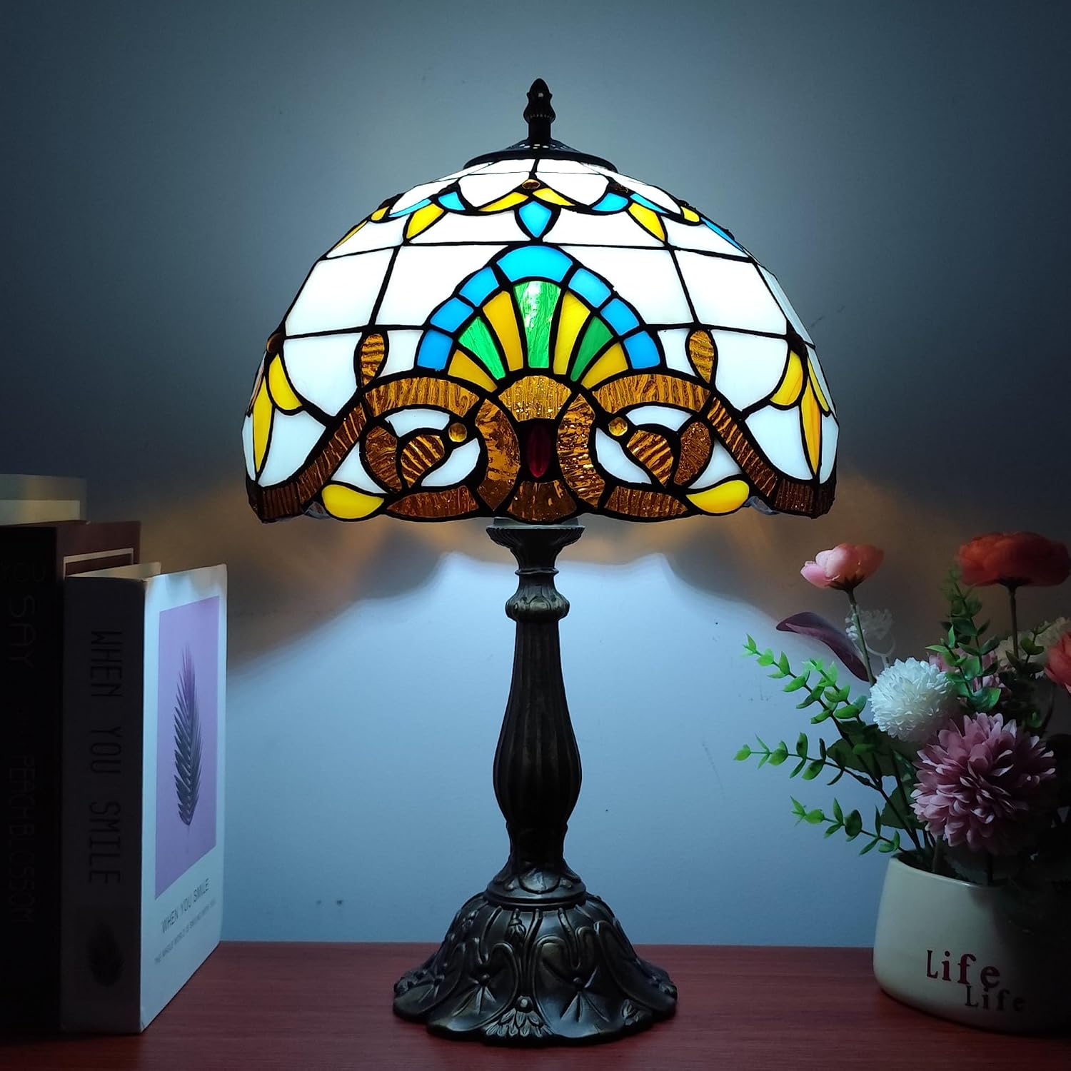 Tiffany Table Lamp 12X12X19 Inch Yellow Baroque Style Stained Glass Lamp Antique Bedside Desk Reading Light for Bedroom Living Room Home…