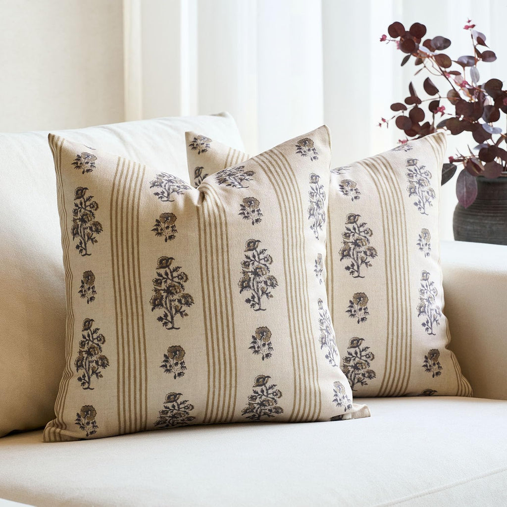 AffordableFloralPrintMaker Amor Virisso Floral Throw Pillow Covers 20x20 Set of 2 Block Print Pillow Covers Neutral Floral Striped Farmhous…