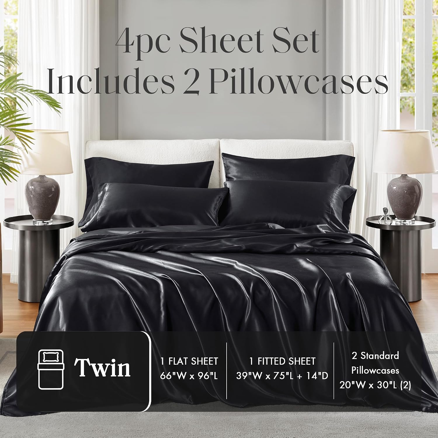 Madisonpark Madison Park Satin Sheets Twin Size, Luxurious Silky Bed Sheets, Elastic 14" Pocket fits up to 16" Mattress, Wrinkle-Free, Soft…