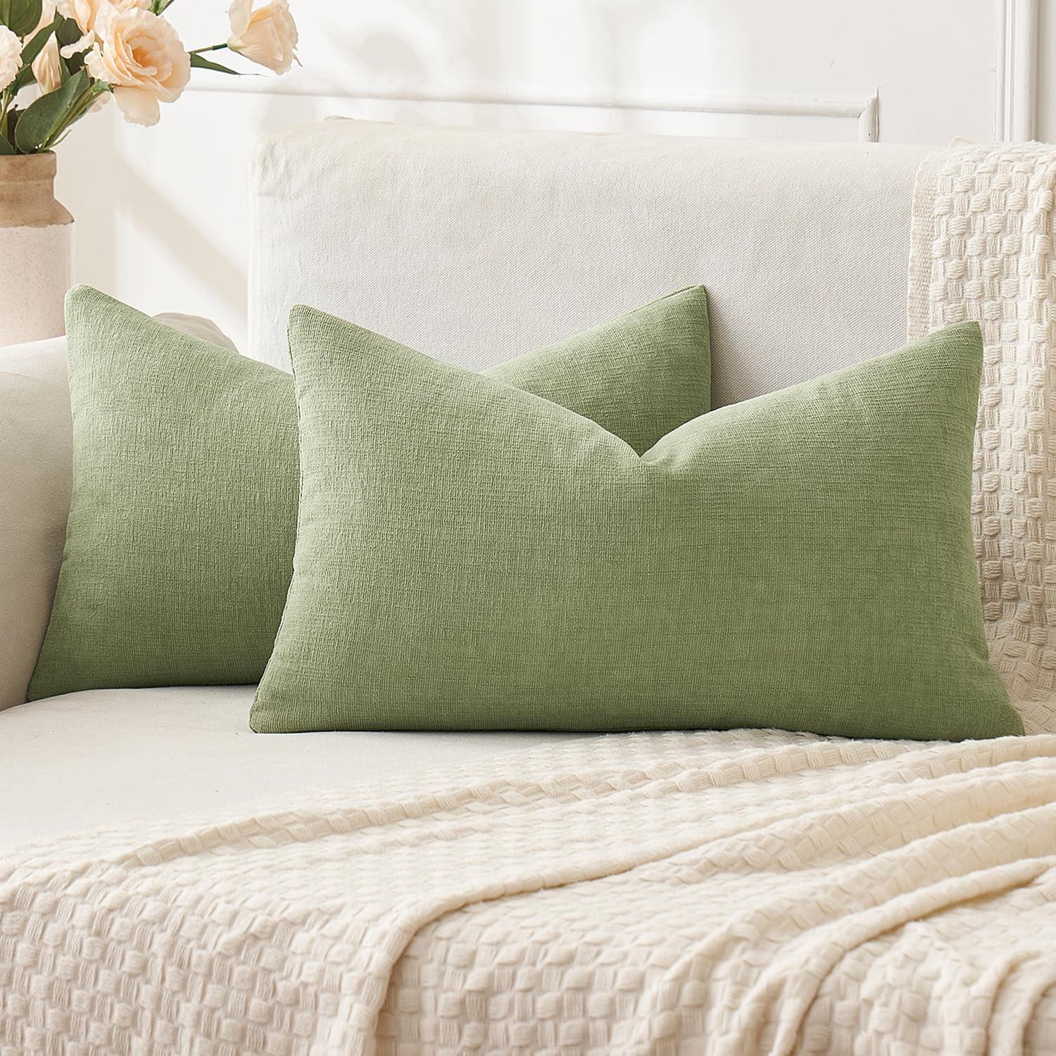 Miulee Sage Green Couch Pillow Covers 12x20 Inch, Set of 2 Soft Spring Chenille Decorative Lumbar Throw Pillow Covers Farmhouse for Sofa Li…
