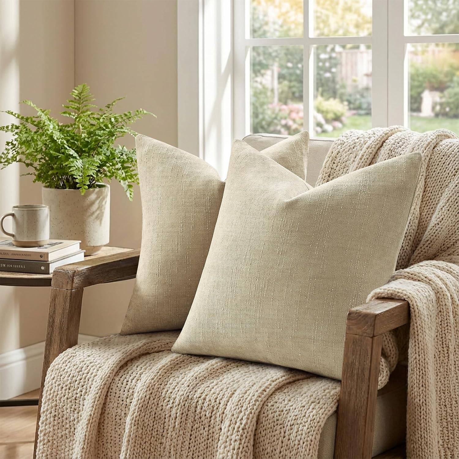decorUhome Chenille Throw Pillow Covers 20x20 Set of 2, Square Decorative Pillow Covers with Zipper for Couch, Sofa, Living Room, Tan