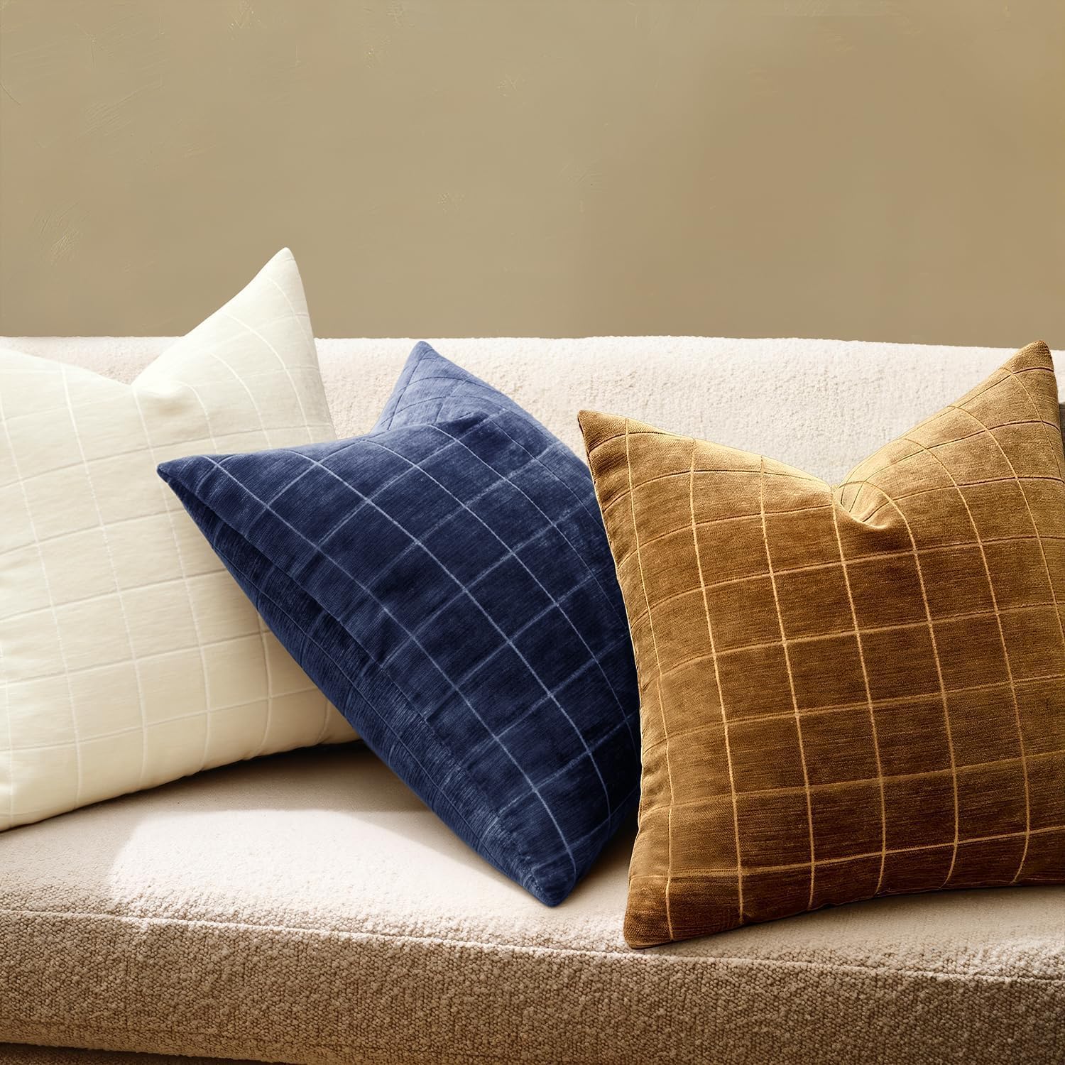 Miulee Decorative Chenille Check Throw Pillow Covers Vintage Plaid Couch Pillows 22x22 Inch Set of 2 Neutral Boho Farmhouse Cushion Covers…