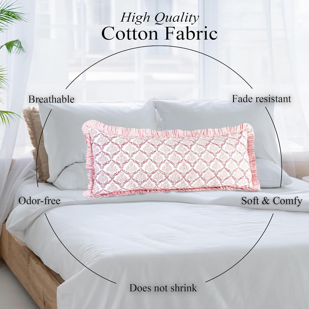 Cottonprintclub CPC Hand Block Print Blush Rose Ruffle Sham Pillow Cover 36" x 14" inch Hidden Zipper Decorative Pillowcase for Couch, Bed,…