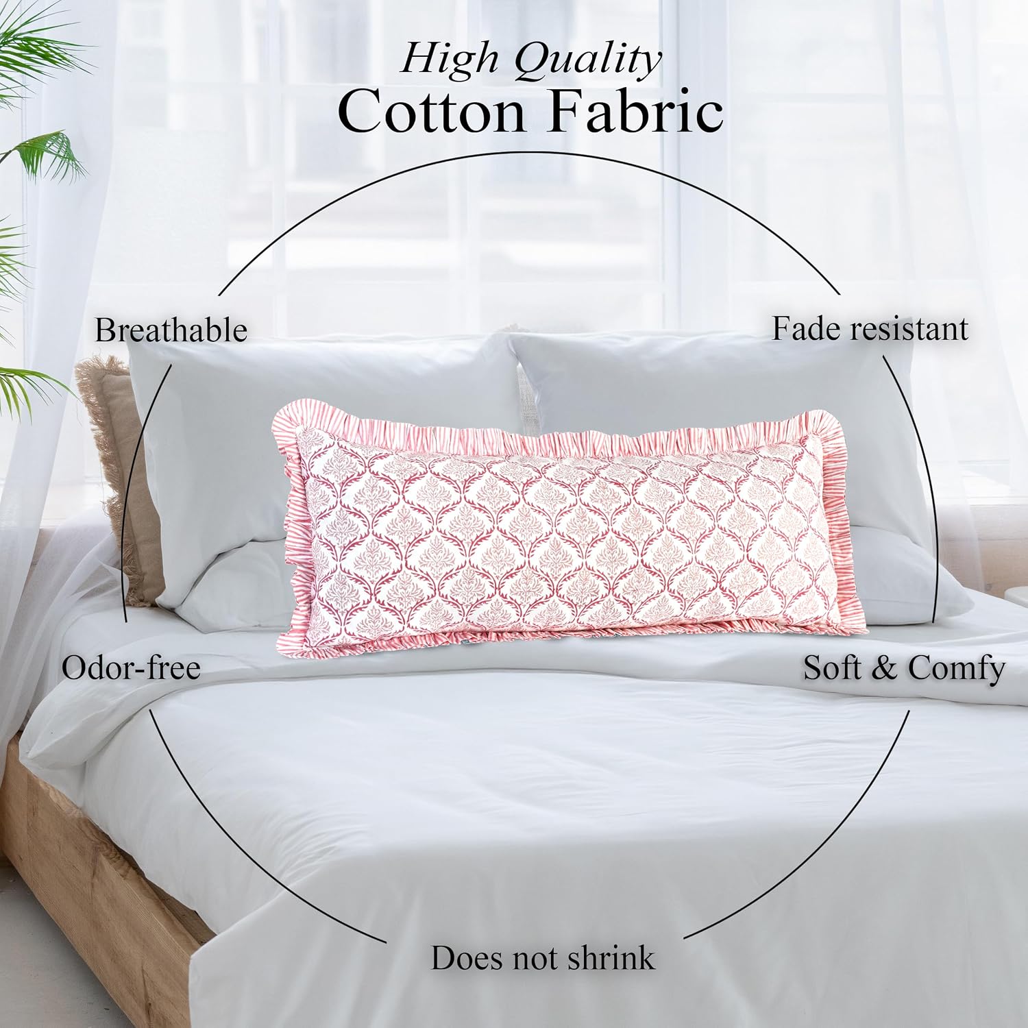 Cottonprintclub CPC Hand Block Print Blush Rose Ruffle Sham Pillow Cover 36" x 14" inch Hidden Zipper Decorative Pillowcase for Couch, Bed,…