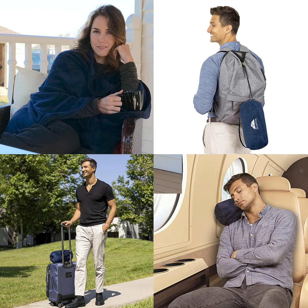 BlueHills Travel Blanket Pillow Rolled Premium Soft Plush Airplane Throw Traveling Essential Gift Compact in a Bag 70 X 48 inches Long…