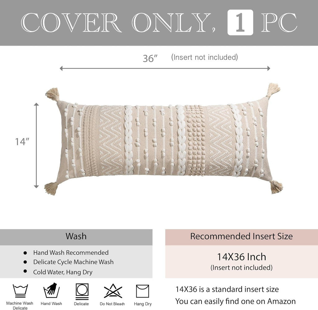 BlissBlush Cream Decorative Lumbar Throw Pillow Cover 14x36 Boho Long Cushion for Bed Neutral Beige White Accent Modern Farmhouse…