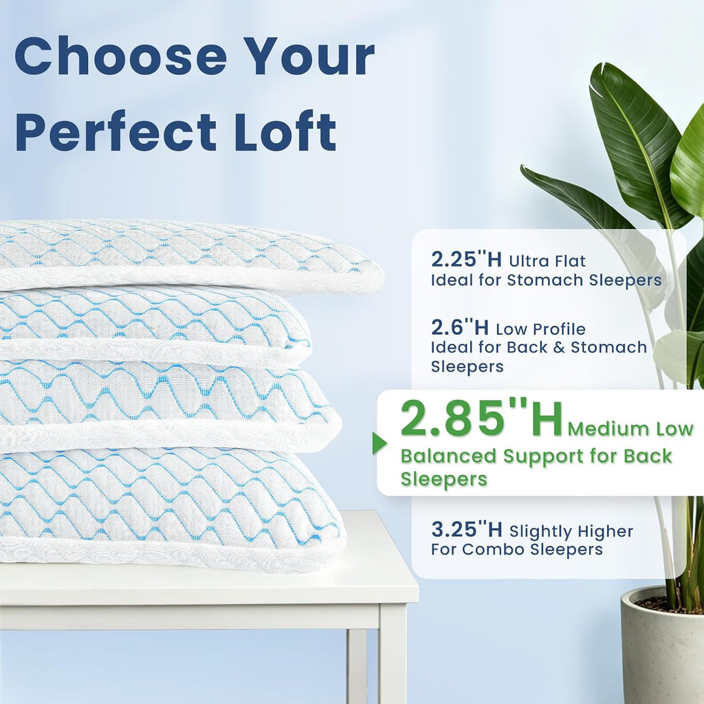 2.85" Ultra Thin Memory Foam Pillow with Cool-to-Touch Cover, Low Profile Flat Bed Pillow for Back & Stomach Sleepers, Standard Size