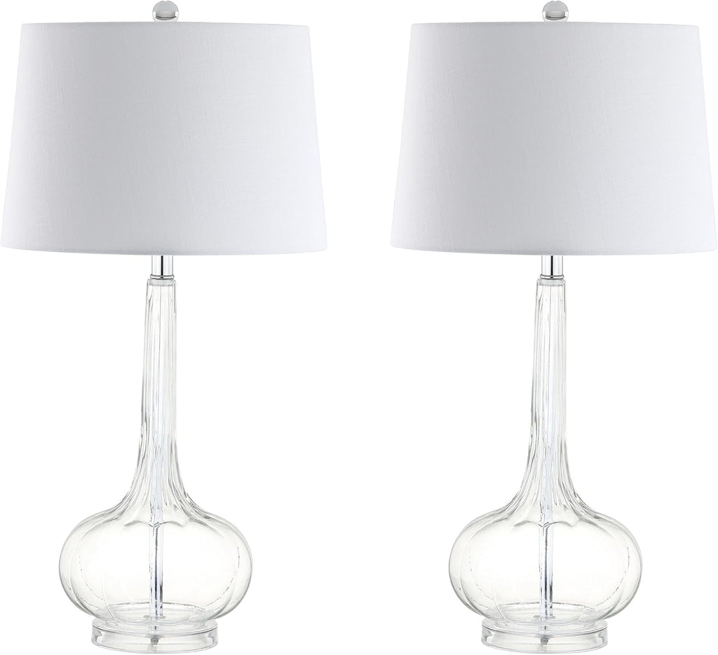 JONATHAN Y 28.5" Clear Glass Teardrop LED Table Lamp Set of 2 for Living Room Bedroom Nightstand, White Linen Shade Modern Transitional…