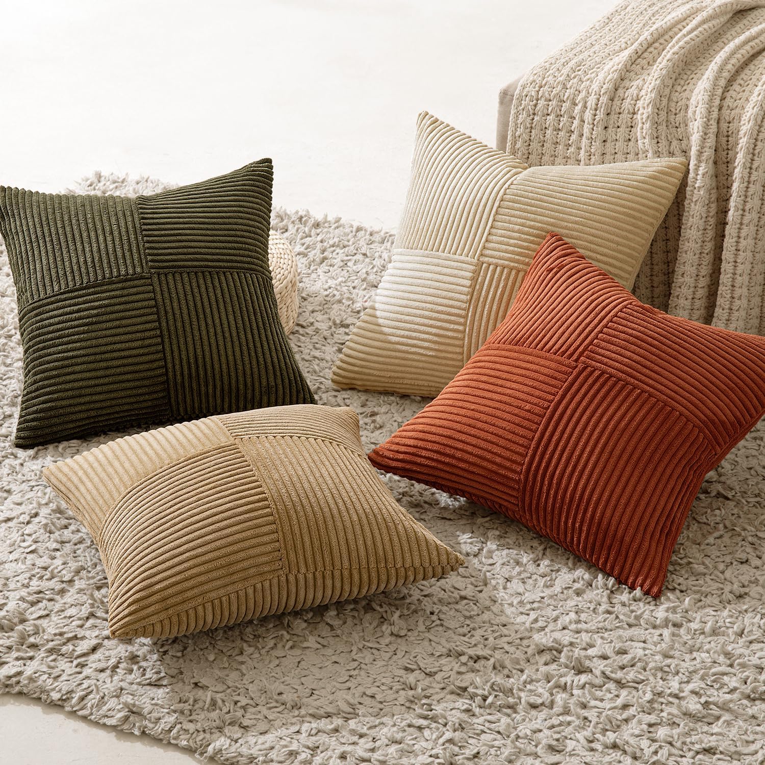 Miulee Rust-Olive Green Decorative Throw Pillow Covers 16x16 Inch Set of 4 Boho Color-Clash Cushion Cases Farmhouse Pillow Cases Corduroy S…