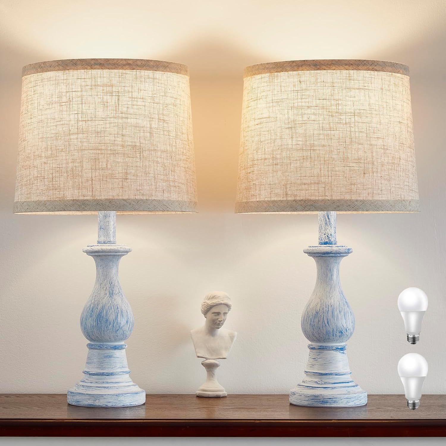 Vintage Table Lamp for Living Room Bedroom, 18.5" Farmhouse Bedside Lamps Nightstand Lamp Set of 2, Table Lamps with Oatmeal Linen Lamp…