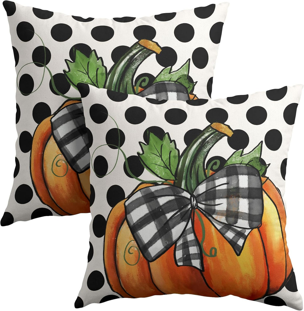 Fall Outdoor Pillows Covers 20x20 Inch Set of 2 Orange Pumpkin Black Polka Dot Decorative Throw Pillowcase Autumn Thanksgiving Seasonal…