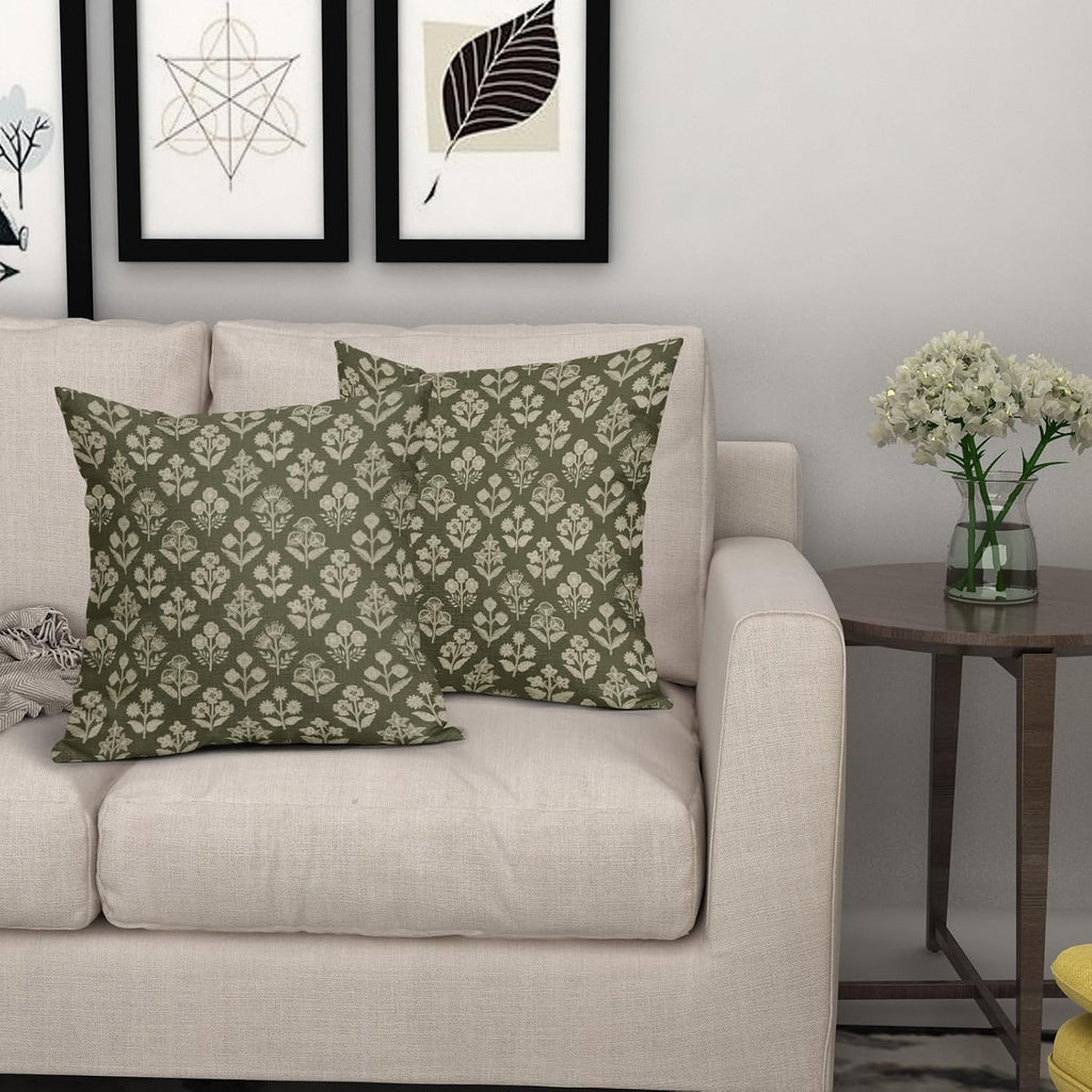Olive Green Floral Block Print Pillow Covers 18x18 Inch Set of 2, Vintage Flower Pattern Decorative Throw Pillowcases Outdoor Farmhouse…