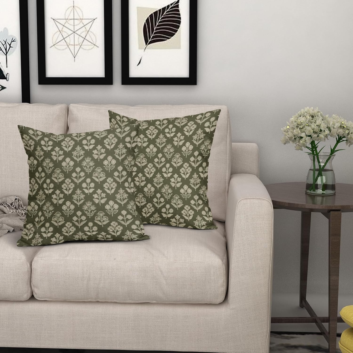 Olive Green Floral Block Print Pillow Covers 20x20 Inch Set of 2, Vintage Flower Pattern Decorative Throw Pillowcases Outdoor Farmhouse…