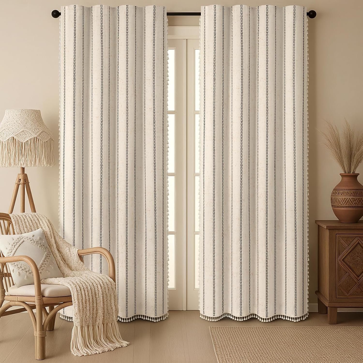 XOGUIBO Beige Boho Blackout Curtains 2 Panels 84 Inch for Living Room Bedroom, Linen Texture Farmhouse Curtains with Tassels and Bla…