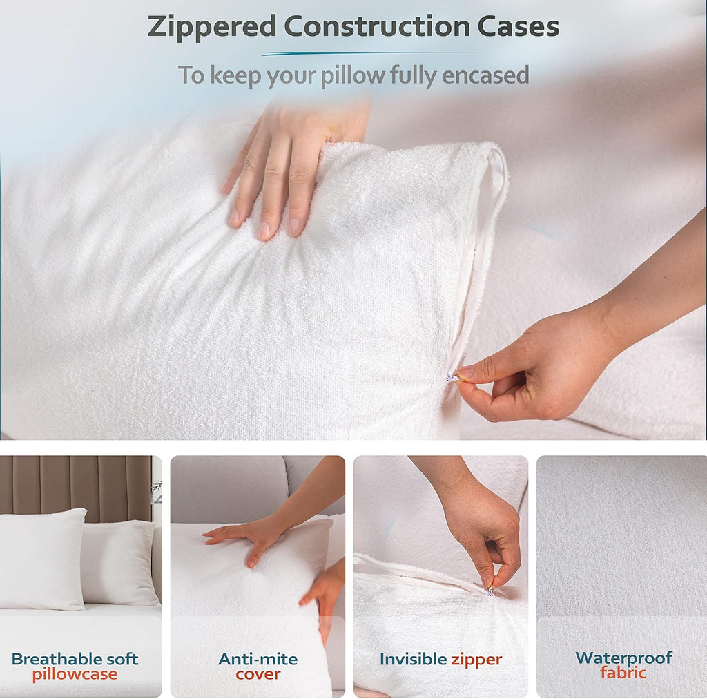 Premium Waterproof Pillow Protectors - Standard Size 20''x28'' Set of 2 - Zippered Pillow Cover Made with Soft Terry Cotton Fabric…