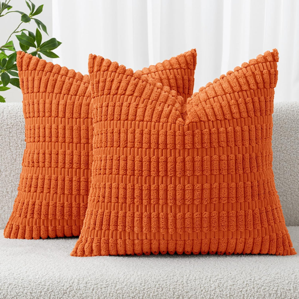 Miulee Pack of 2 Orange Corduroy Decorative Pillow Covers 18x18 Inch Soft Boho Striped Throw Pillow Covers Modern Farmhouse Home Decor for…