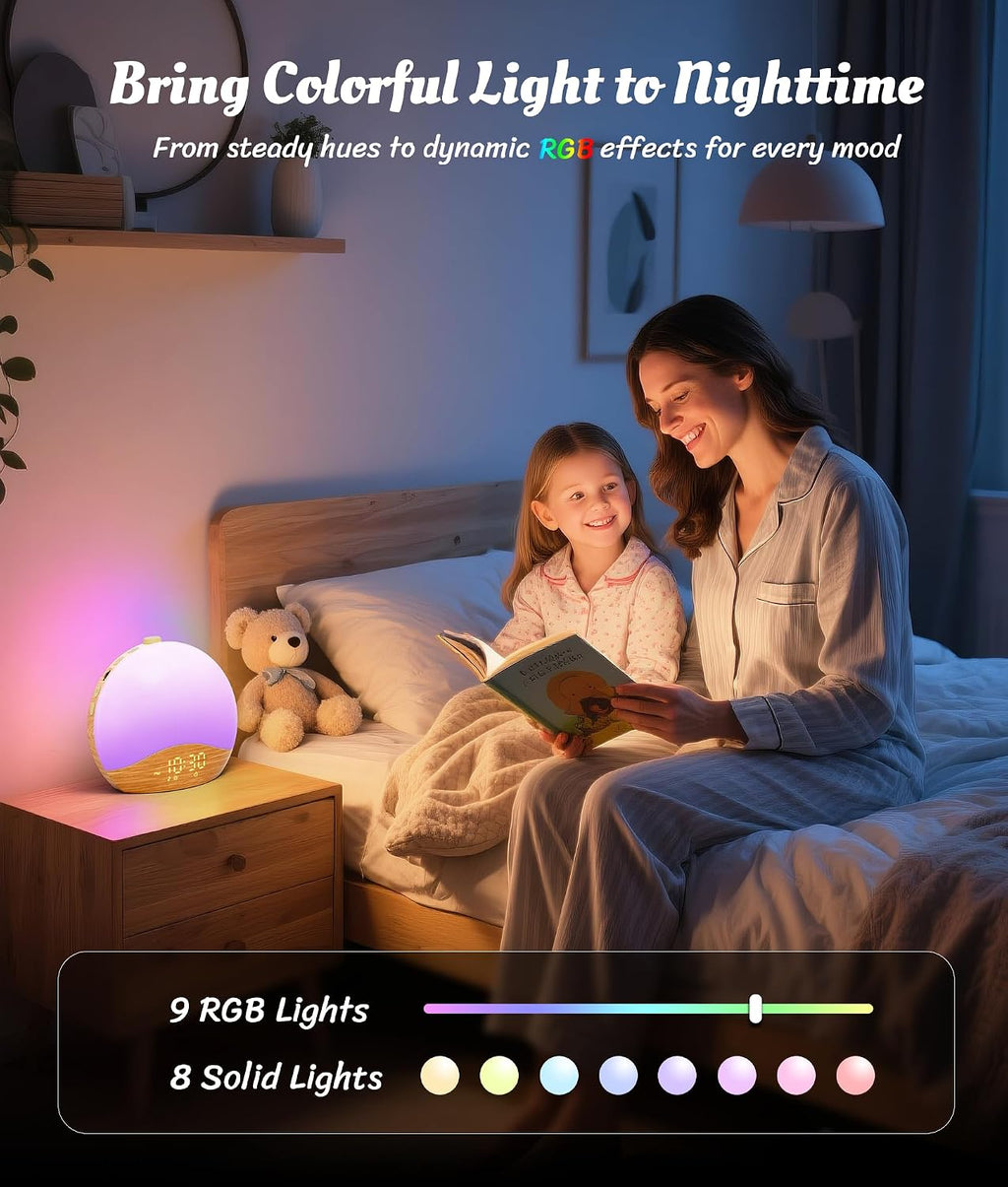 ecozy Wood Grain Sunrise Alarm Clock, White Noise Sound Machine, Music-Sync Lights, Upgraded Backlit Buttons for Bedrooms, 26 Soothing…