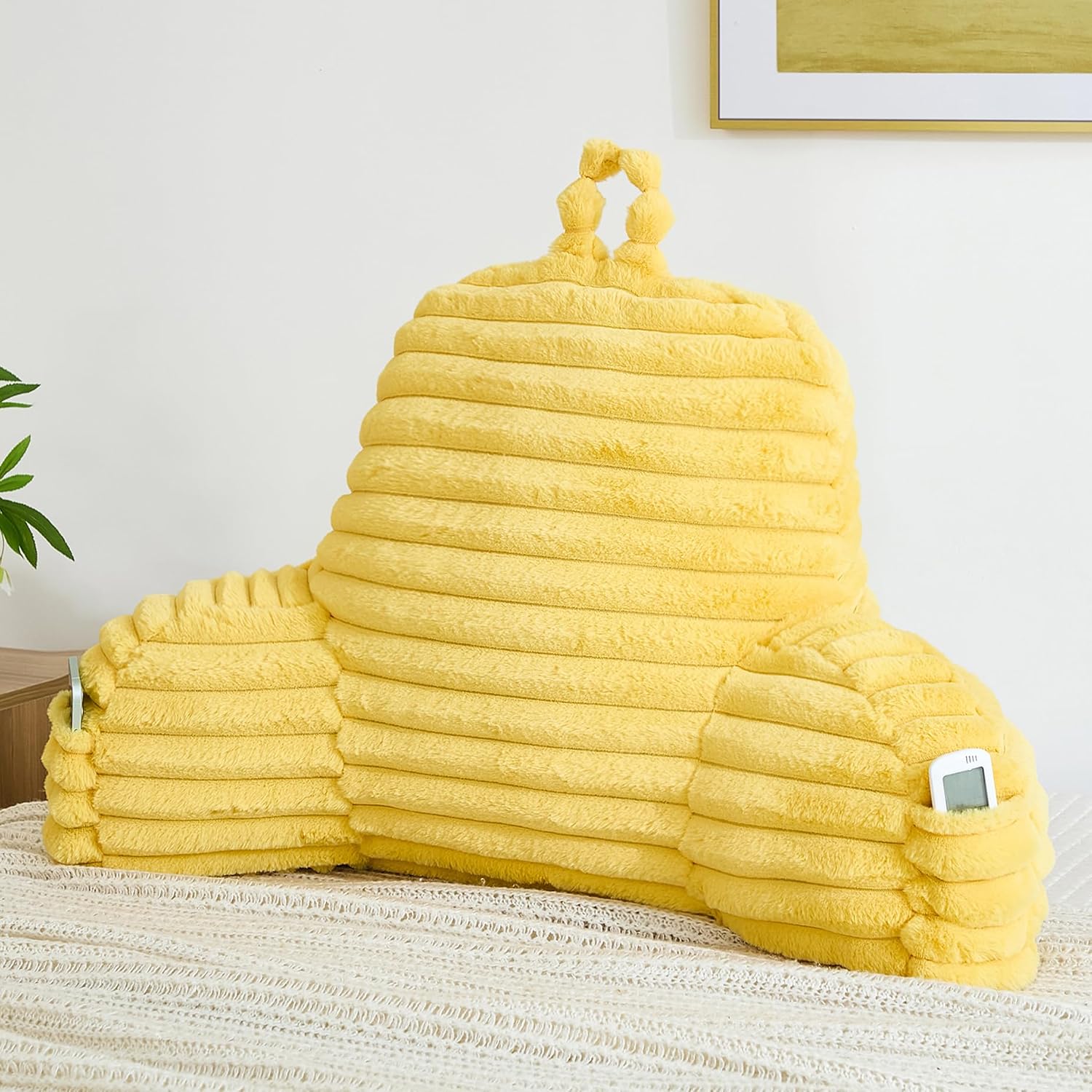 Memfydu Faux Fur Fluffy Yellow Reading Pillow with Pockets, Luxury Striped Plush Decorative, Arm Rests and Back Support for Bed Rest, Loung…