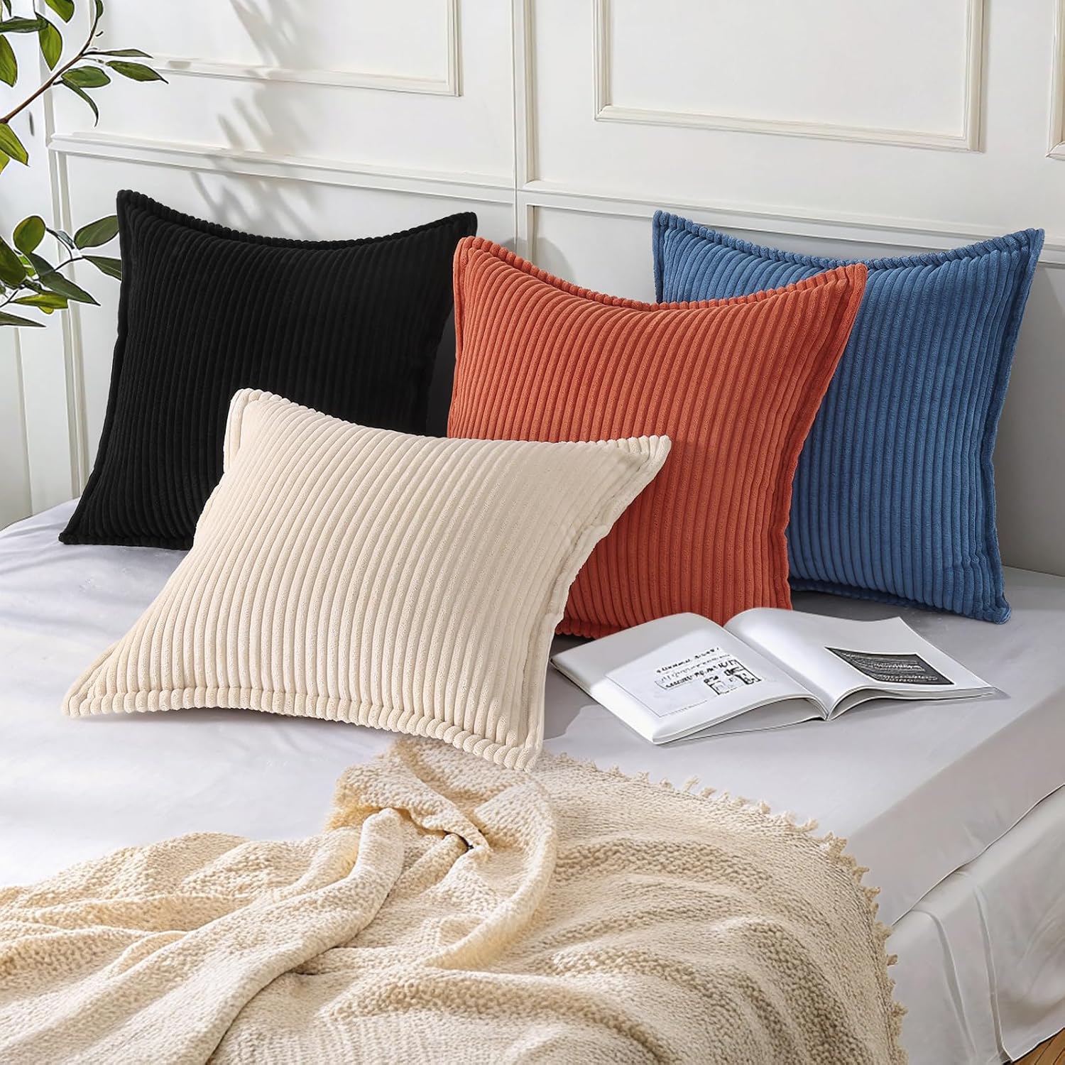 Mecatny Corduroy Summer Throw Pillow Covers 18x18 Set of 2, Neutral Decorative Soft Boho Couch Pillow Covers with Broadside for Sofa…