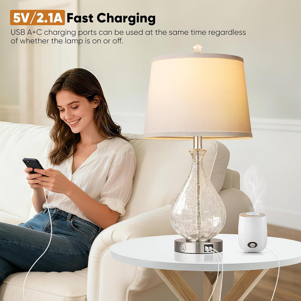 QiMH Glass Table Lamps for Living Room, Bedside Lamps Set of 2 with USB A+C Charging Ports, 3 Way Dimmable Touch Lamps for Nightstand…