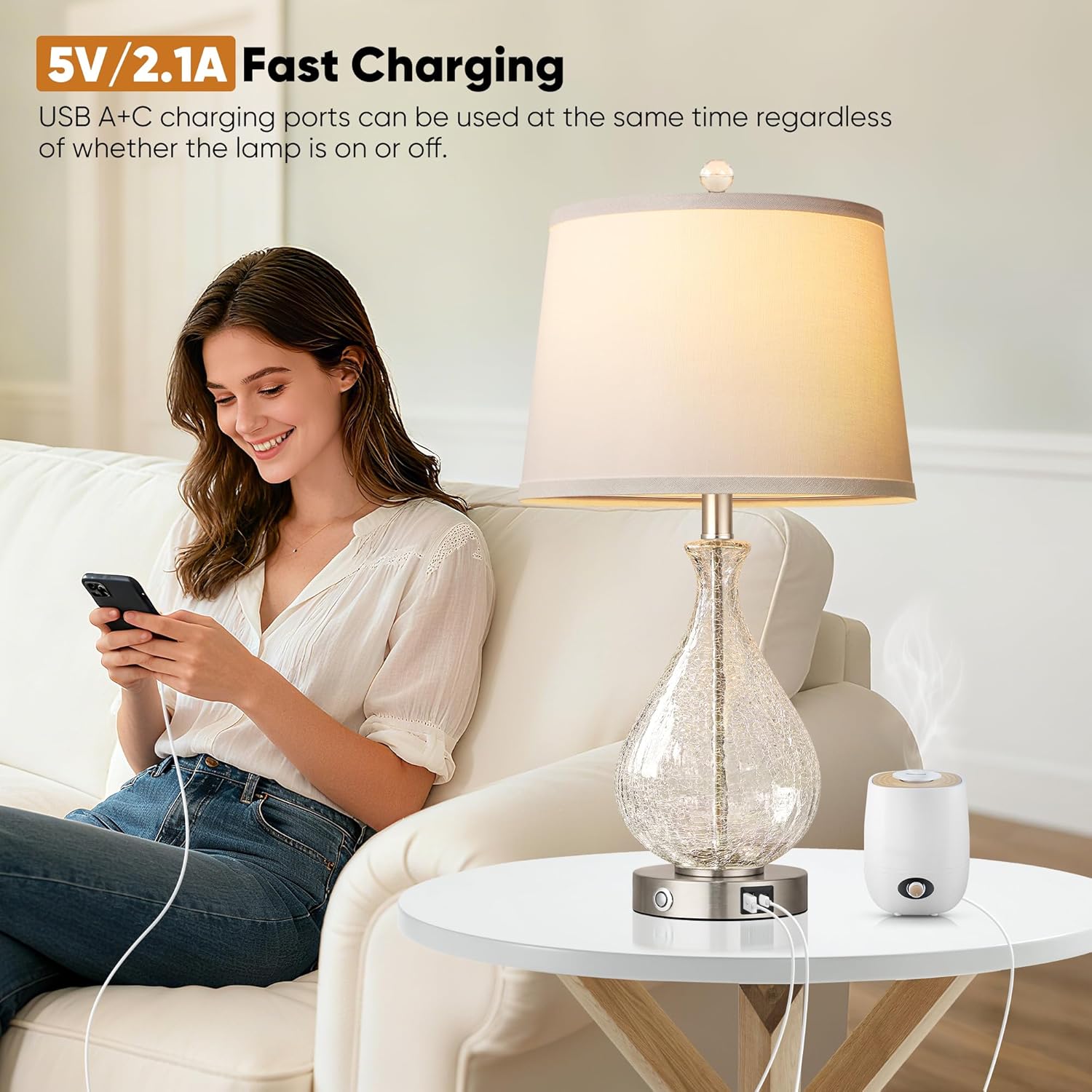 QiMH Glass Table Lamps for Living Room, Bedside Lamps Set of 2 with USB A+C Charging Ports, 3 Way Dimmable Touch Lamps for Nightstand…