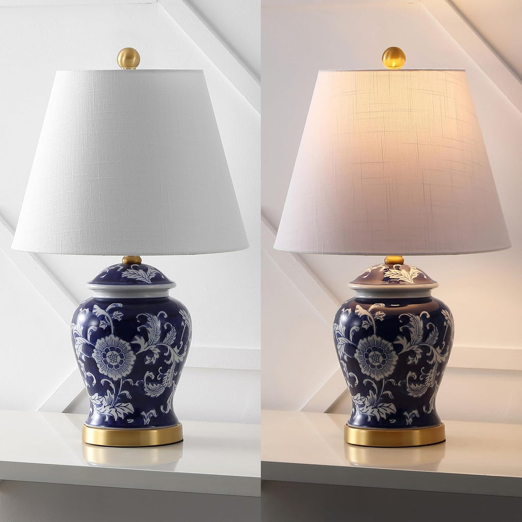JONATHAN Y 22" Navy/White Ceramic Table Lamp, French Country Chinoiserie Ginger Jar LED Bedside Lamp for Living Room Bedroom, White Linen…