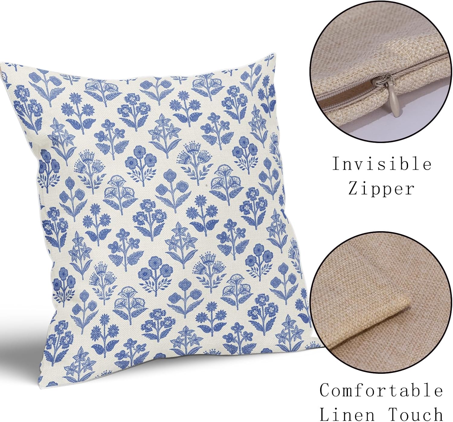 Blue Floral Pillow Covers 24x24 Inch Set of 2, Vintage Flower Block Print Pattern Decorative Throw Pillowcases Outdoor Farmhouse Cushion…