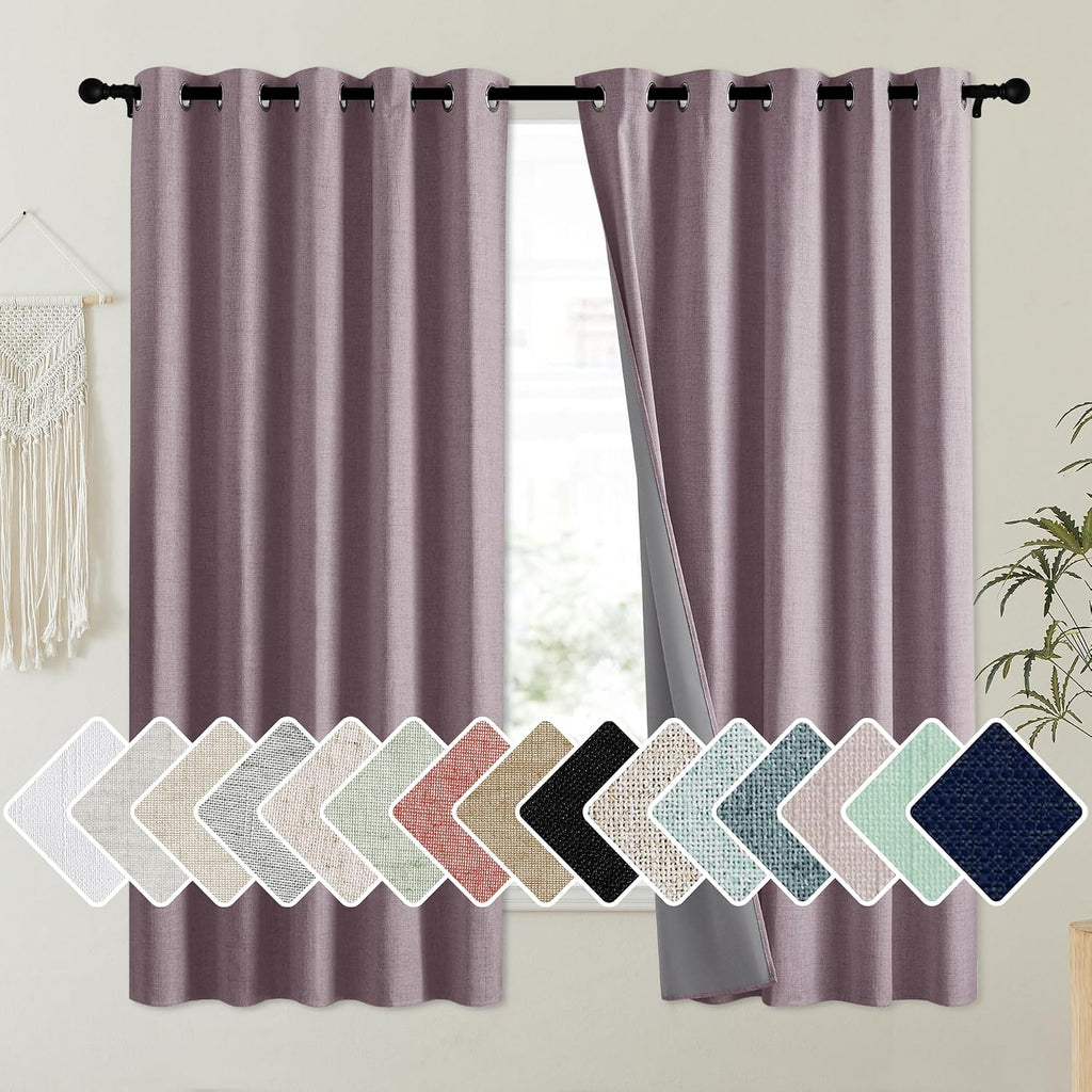 NICETOWN Chaise Mauve Vintage Linen 100% Blackout Curtains for Kitchen, Thermal Insulated Curtains 63" Long, Noise Reducing Window…