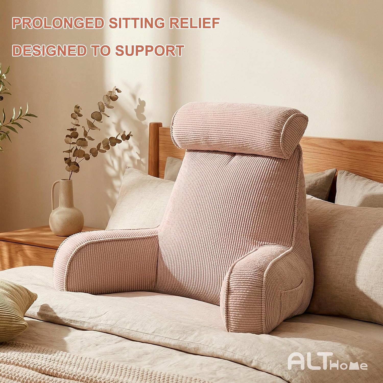 Ailuteie Reading Pillow for Sitting Up in Bed, Bed Rest Backrest Pillow with Arms, Corduroy Back Support Cushion with Side Pockets & Washab…