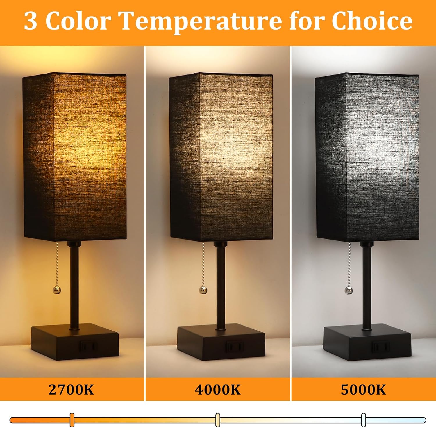 Table Lamp for Bedroom set of 2,3-Color Bedside Lamps with Pull Chain Table Lamps for Nightstand with AC Outlets, Night Light Lamps with…