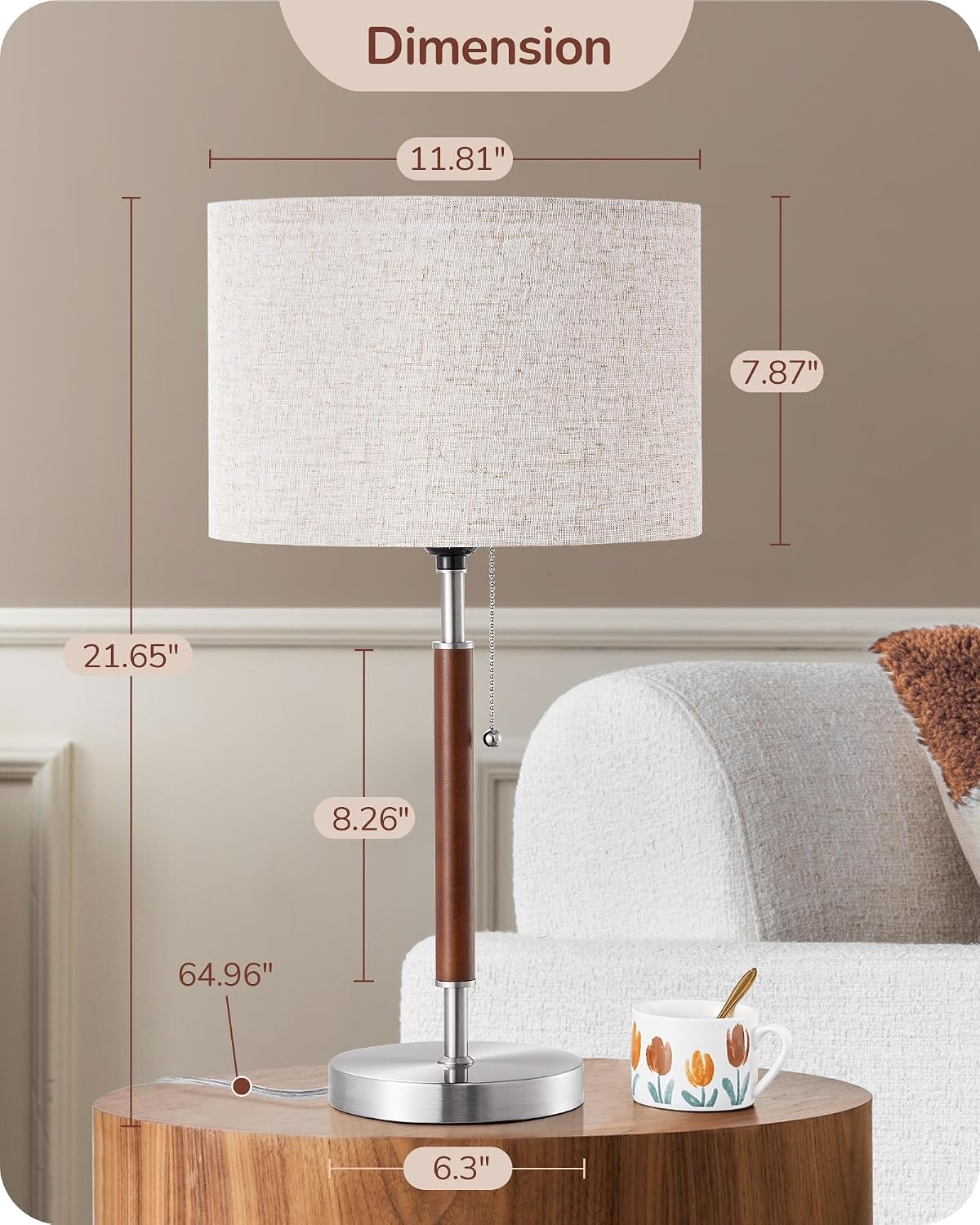EDISHINE Mid Century Table Lamp Set of 2, Pull Chain Switch Bedside Lamp, Linen Shade, Solid Wood Pole & Brushed Nickel Metal Base…