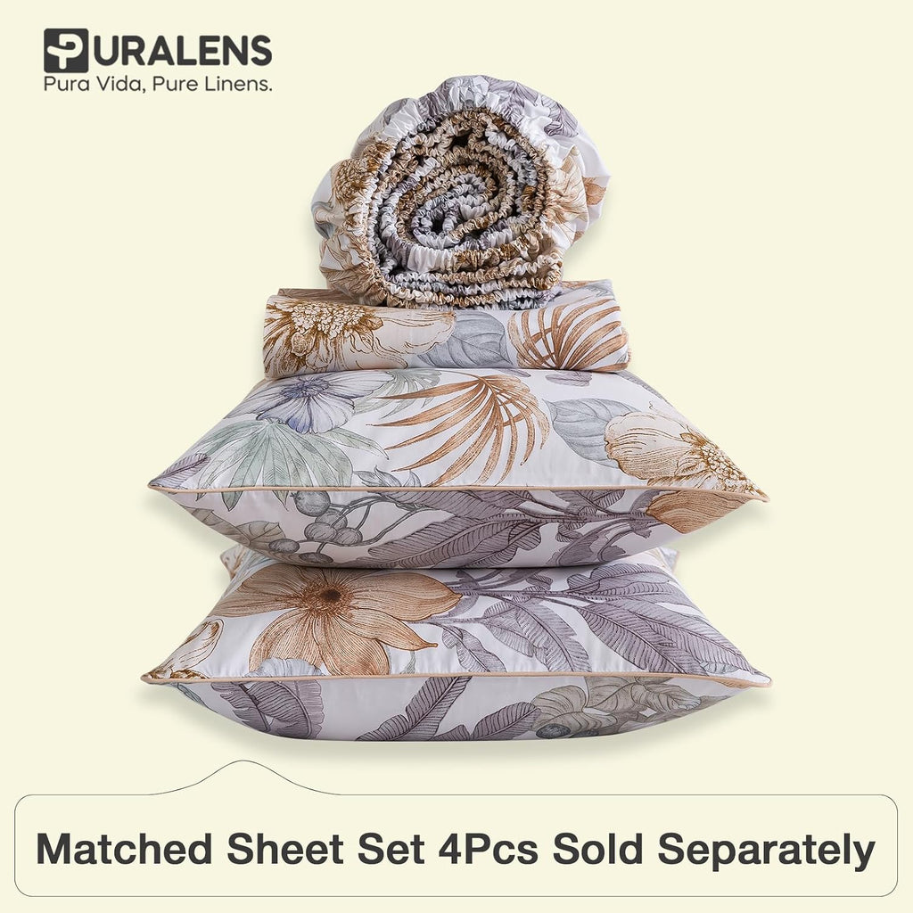 Puralens Tropical Floral Queen Size Duvet Cover Set 100% Cotton Percale, Palm Leaves Reversible Zipper White Duvet Covers, Soft Crisp Moder…
