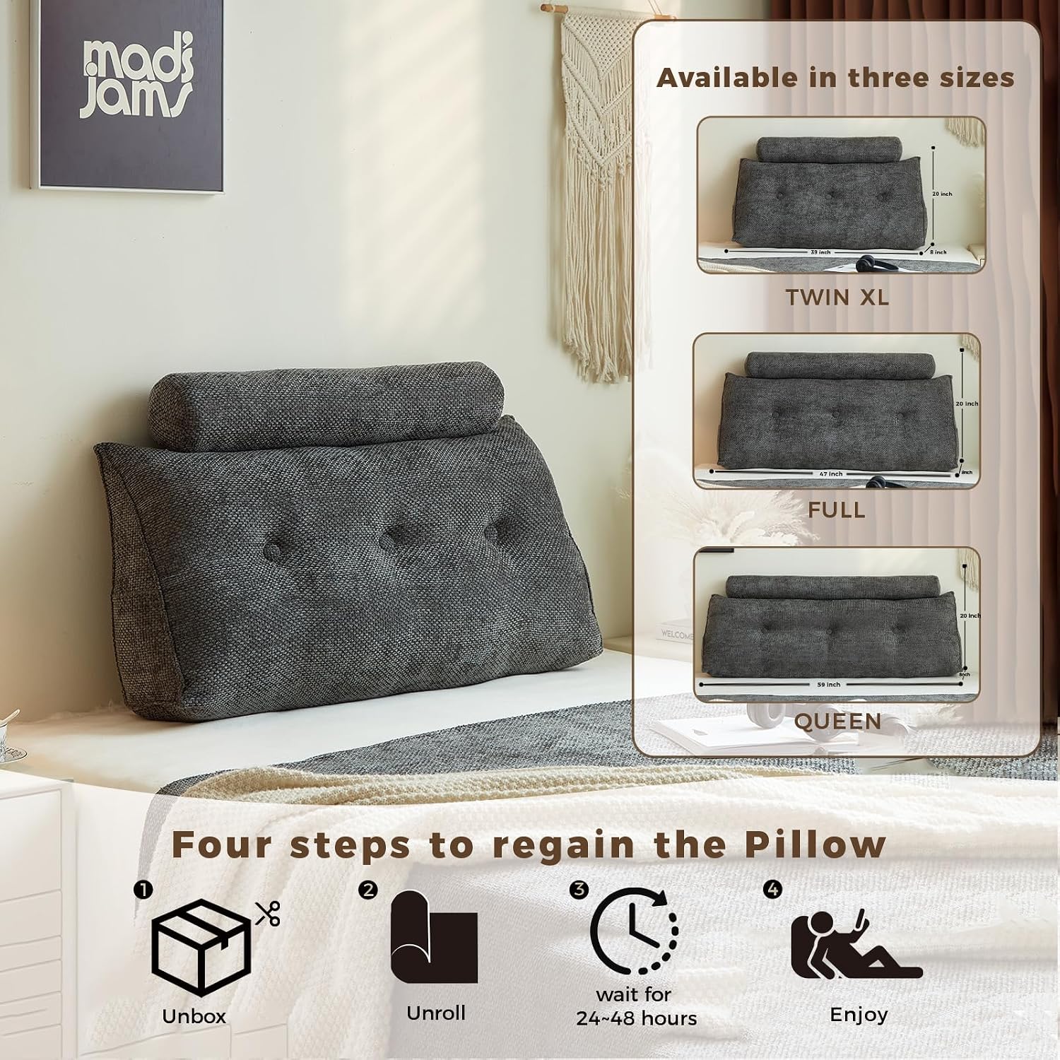 Headboard Pillow for Twin XL – Chenille Large Triangular Wedge Pillow for Headboard Gap, Daybed and Couch Backrest, Reading and Sitting…