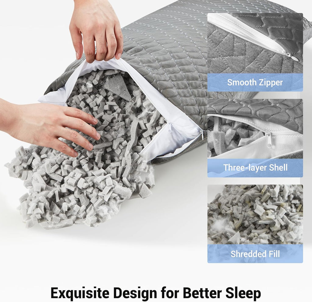 puredown® Pillows Queen Size Set of 2, Shredded Memory Foam Pillows, Cooling Foam Pillow for Sleeping, Soft Bed Pillow Queen Size with…