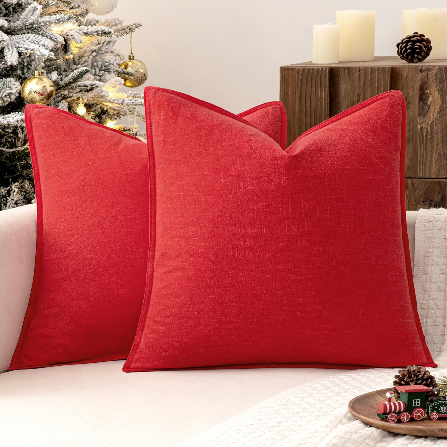 MIULEE Decorative Linen Pillow Covers 20x20 Inch Red Boho Farmhouse Neutral Couch Throw Pillows for Bed Pack of 2 Accent Modern…