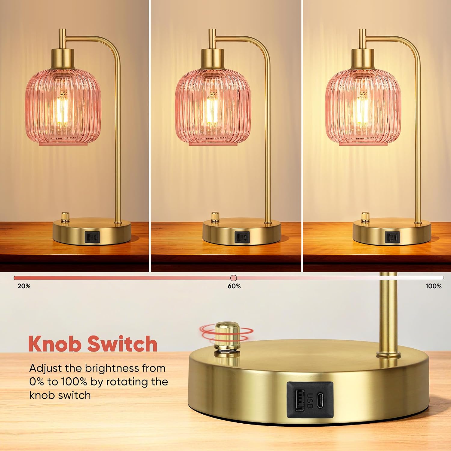 QiMH Industrial Table Lamp for Bedroom Set of 2, Pink Glass Beside Lamp with USB A&C Ports, Stepless Dimmable Gold Lamps, Nightstand…