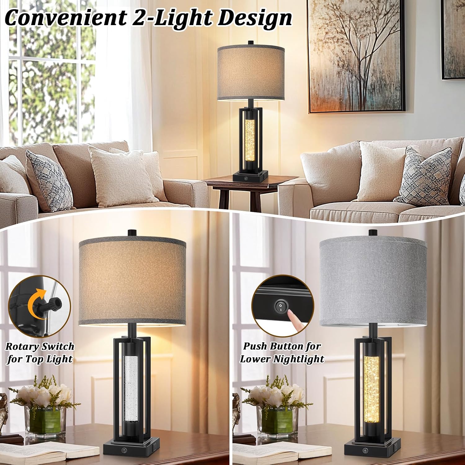 Tobusa 26’’ Farmhouse Table Lamps for Living Room Set of 2, Modern Nightstand Lamps with Crystal Night Light & 2 USB Ports, Vintage Home De…
