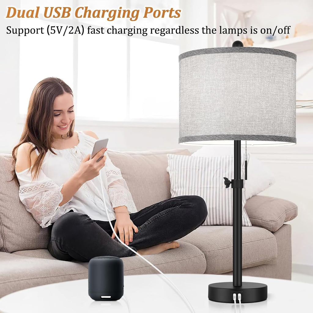Kondras Table Lamps for Bedroom Set of 2, 23''-30'' Adjustable Height Bedside Lamps with 2 USB Ports, Black Nightstand Lamps with Grey…